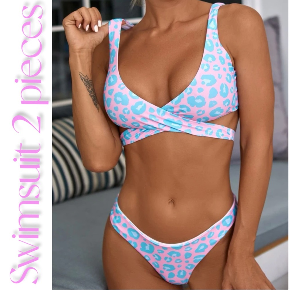 NEW WOMEN SWIMSUIT BIKINI LEOPARD WRAP HIGH CUT Large (8/10) PINK &Blue 2 Pieces